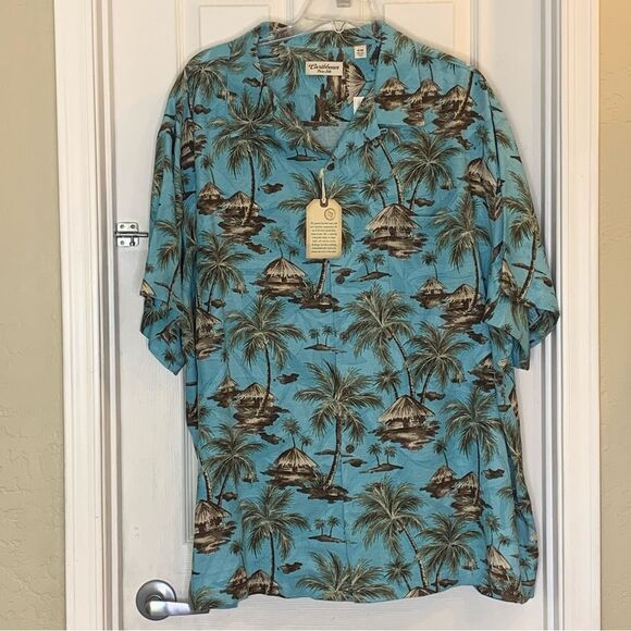 Caribbean Hawaiian Aloha Teal Blue Tiki Hut Button Down Silk Shirt Size 4XB - Picture 1 of 12